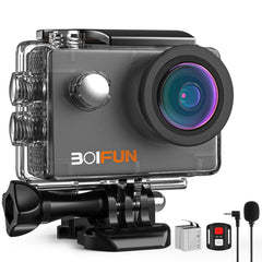 BOIFUN 4K 20MP Anti-Shake Underwater Action Sport Wi-Fi Camera with External Microphone Waterproof 40 Meters Remote Control and 20 Accessories