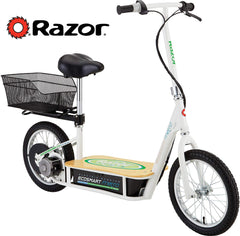 Razor EcoSmart Metro Electric Scooter For Adults - 500W High Torque Motor, Up to 18MPH, 16" Air Filled Tires, Rear Wheel Drive, Height Adjustable Seat and Detachable Luggage Basket, Bamboo Deck ,White ,50 X 13.25 X 23-Inch - 13114501